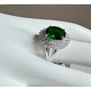 Cate D'Argent Green Stone  Sterling Silver CZ Larg Coctail Ring 9